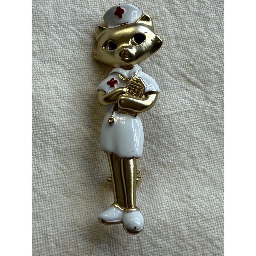 Danecraft Signed Figural Pin, Cat Nurse, Vintage Fun & Whimsical Brooch Retro